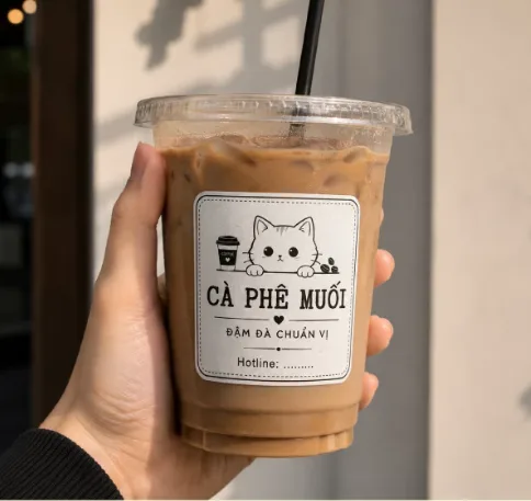 Tem nhãn dán trên ly cà phê lạnh tại quầy đồ uống