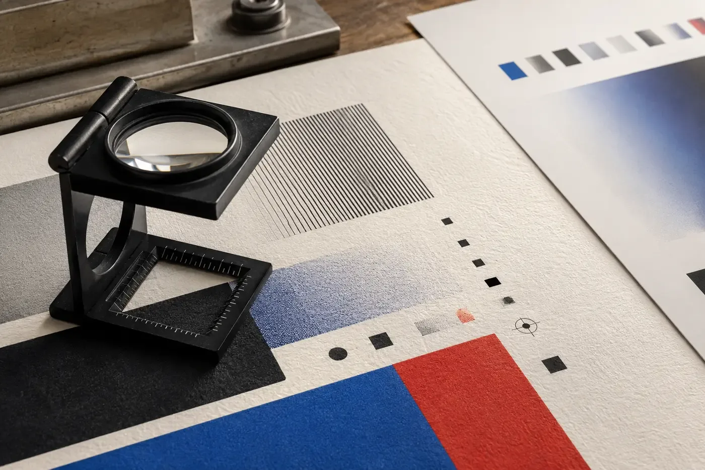 Tờ test in trên giấy texture gồm đường mảnh, gradient và mảng màu đặc dưới kính soi