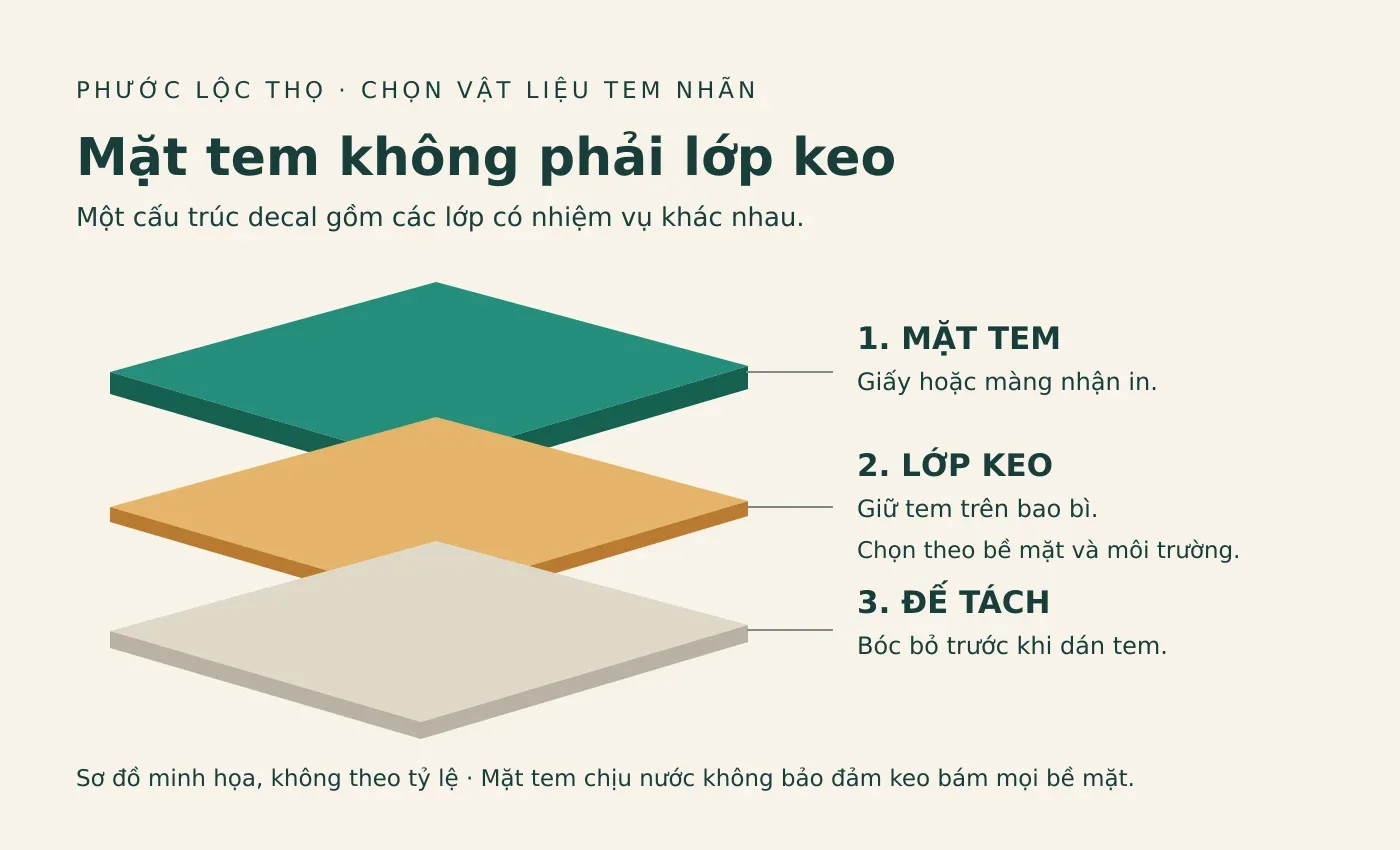 Sơ đồ ba lớp decal gồm mặt tem nhận in, lớp keo và đế tách bóc bỏ