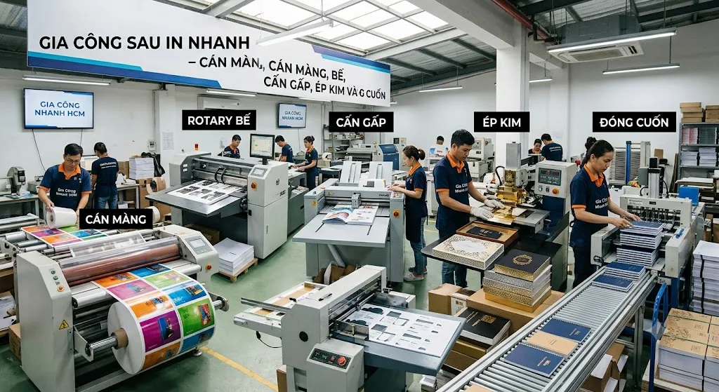 Gia Công Sau In TP.HCM – Cán Màng, Bế, Cấn Gấp, Ép Kim, Đóng Cuốn